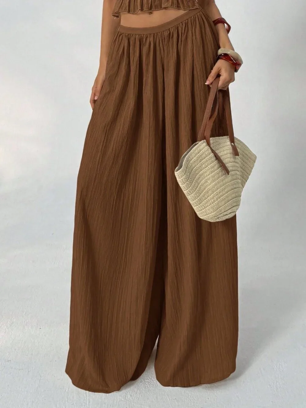 Brown Casual Women's Loose Textured Pants - Picture 1 of 7